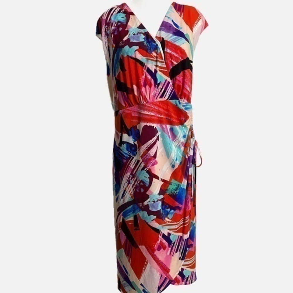 LONDON TIMES MULTICOLOR PAINT SPLASH FASHION FAUX WRAP MIDI DRESS - Picture 1 of 14